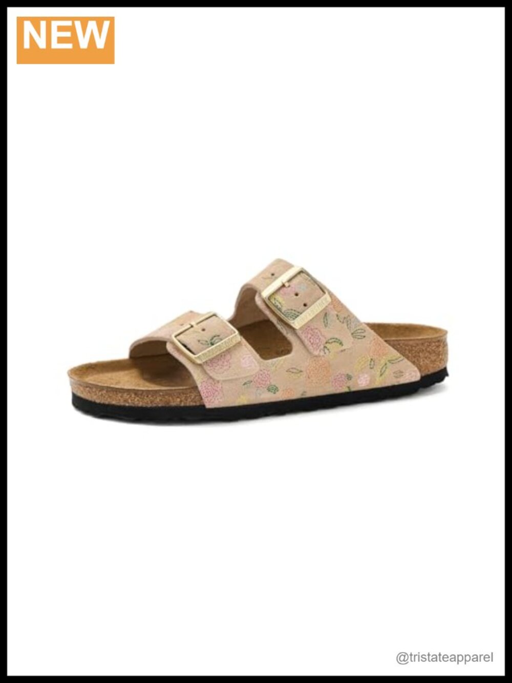 Arizona Flower Print Suede Slide Sandals Cork Footbed Buckle
